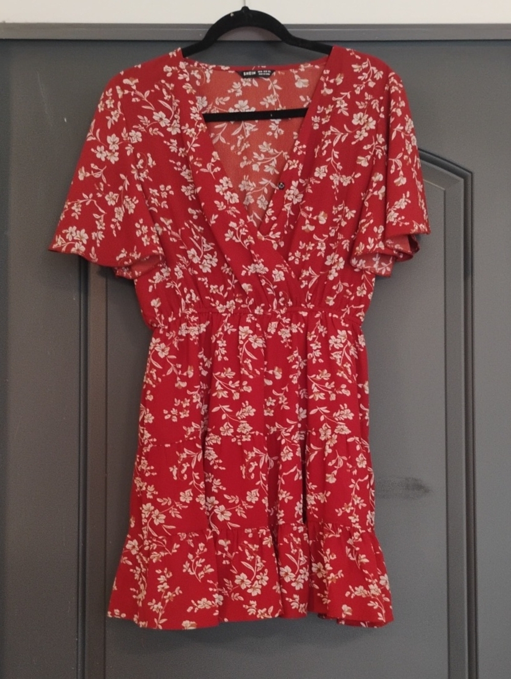 SHEIN Red Floral Dress with White Print